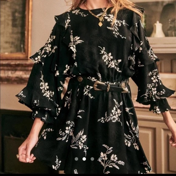 Sezane Lali Floral Ruffle Mini Dress Two Toned Jacquard Black Size 36 US 4 - Picture 12 of 13